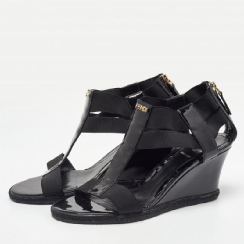 Fendi Black Patent Leather and Elastic T-Strap Wedge Sandals Size 38.5 For Sale 4