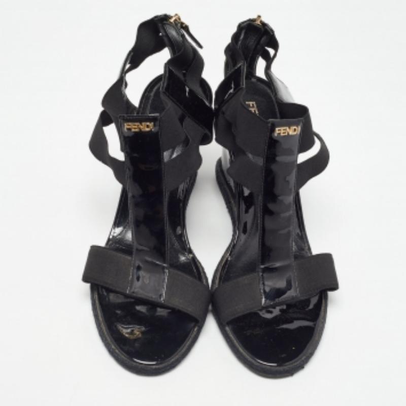 Fendi Black Patent Leather and Elastic T-Strap Wedge Sandals Size 38.5 For Sale 2
