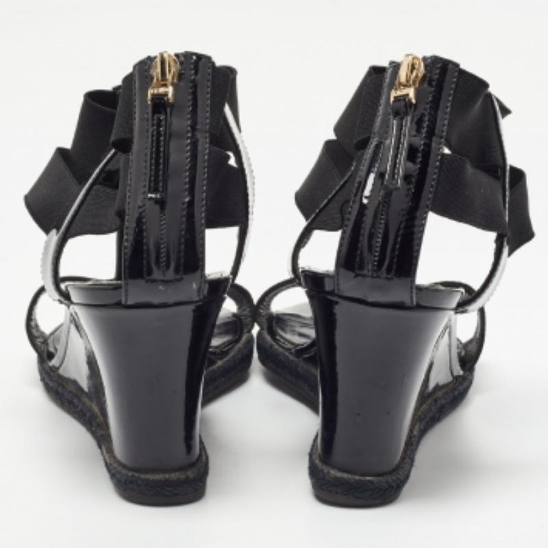 Fendi Black Patent Leather and Elastic T-Strap Wedge Sandals Size 38.5 For Sale 1