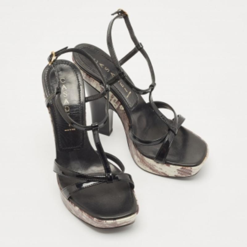 Casadei Sandales à plateforme en cuir noir et lézard gaufré Taille 37 en vente 1