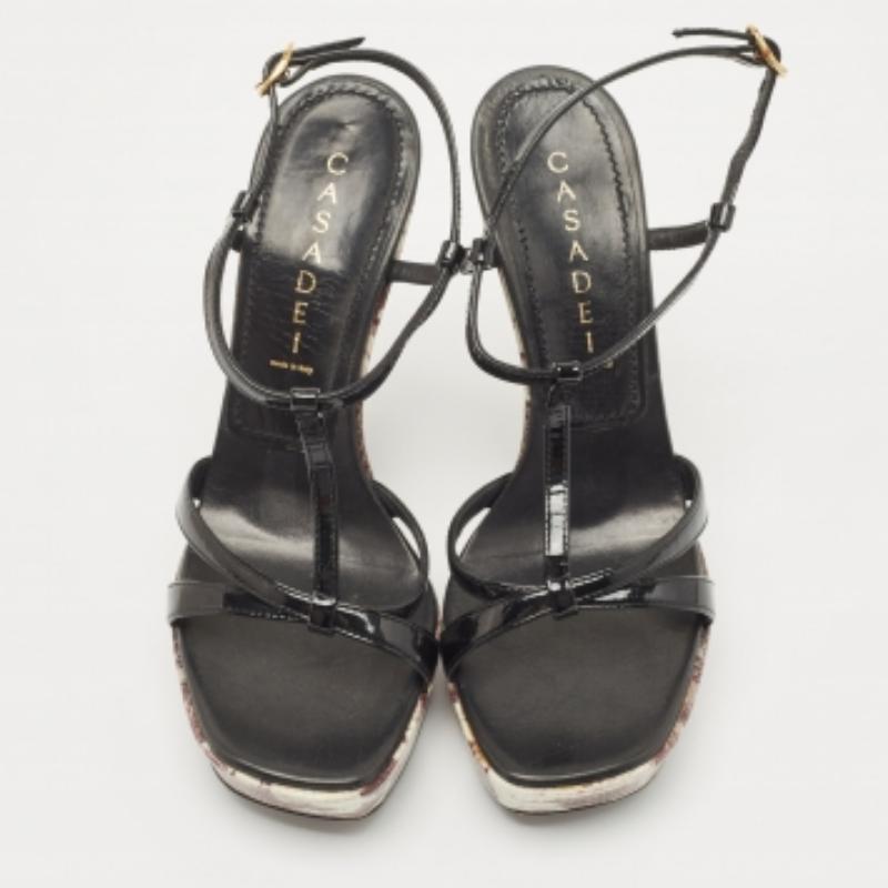 Casadei Sandales à plateforme en cuir noir et lézard gaufré Taille 37 en vente 2
