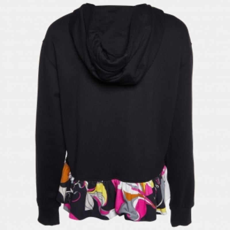 De las mujeres Emilio Pucci Chaqueta negra con capucha de punto de algodón con dobladillo estampado y cremallera L en venta