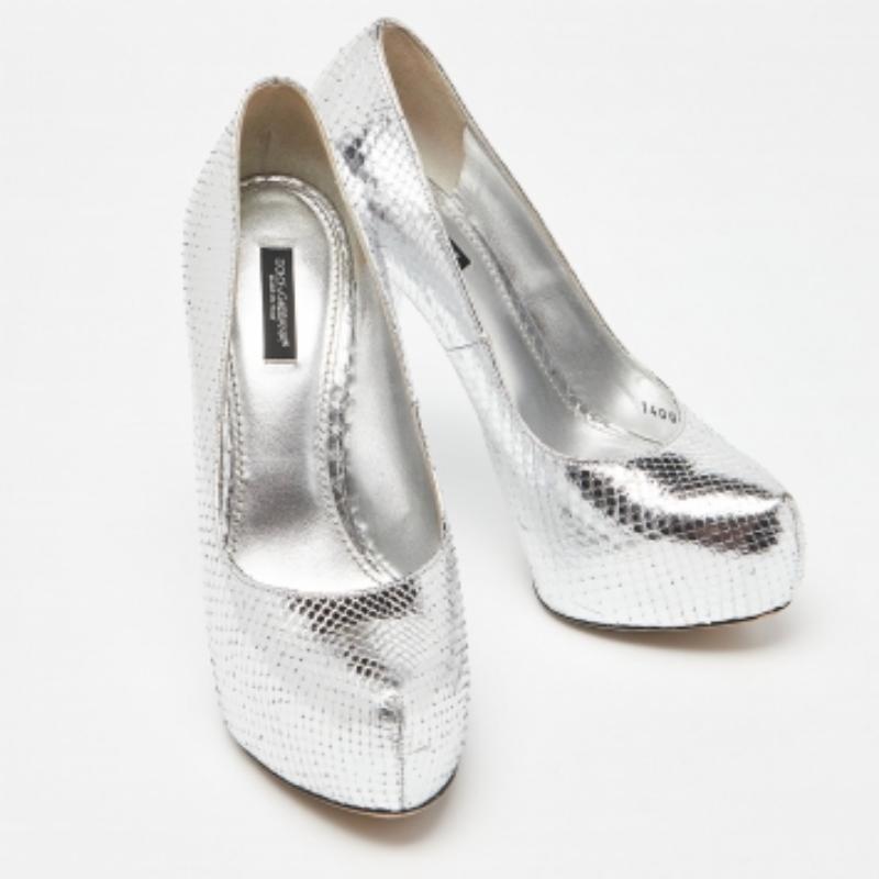 Dolce & Gabbana Silver Python Platform Pumps Size 38 For Sale 2