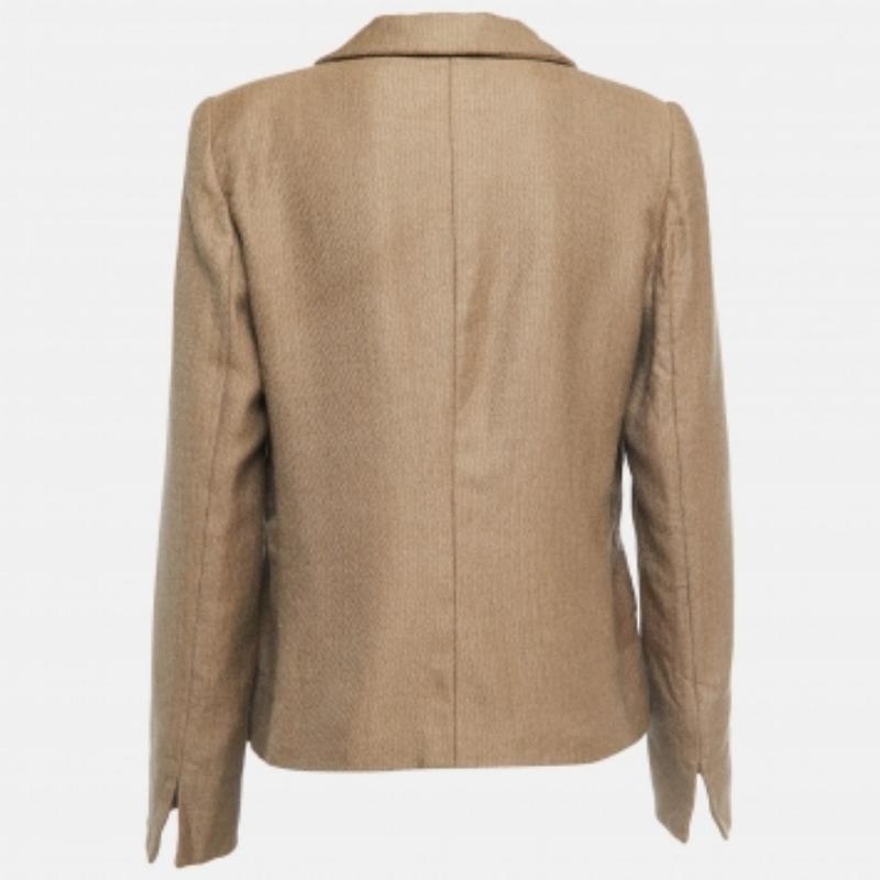 Armani Collezioni Dunkelbeige Gemusterte Wolle Einreihiger Blazer L Damen im Angebot
