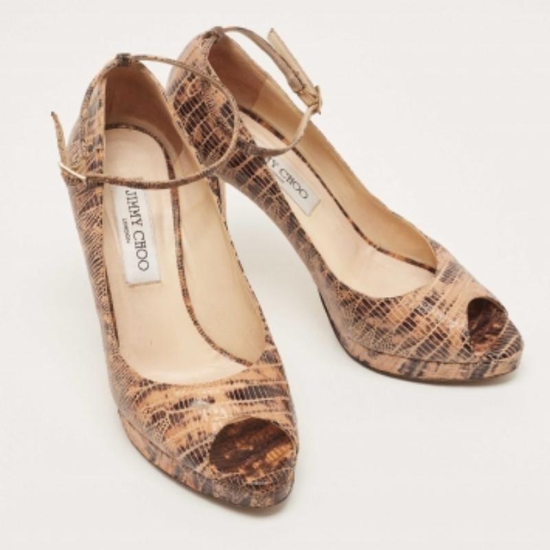 Marrone Jimmy Choo, due tonalità di lucertola in pelle scamosciata con cinturino alla caviglia Peep Toe Pumps 36,5 in vendita