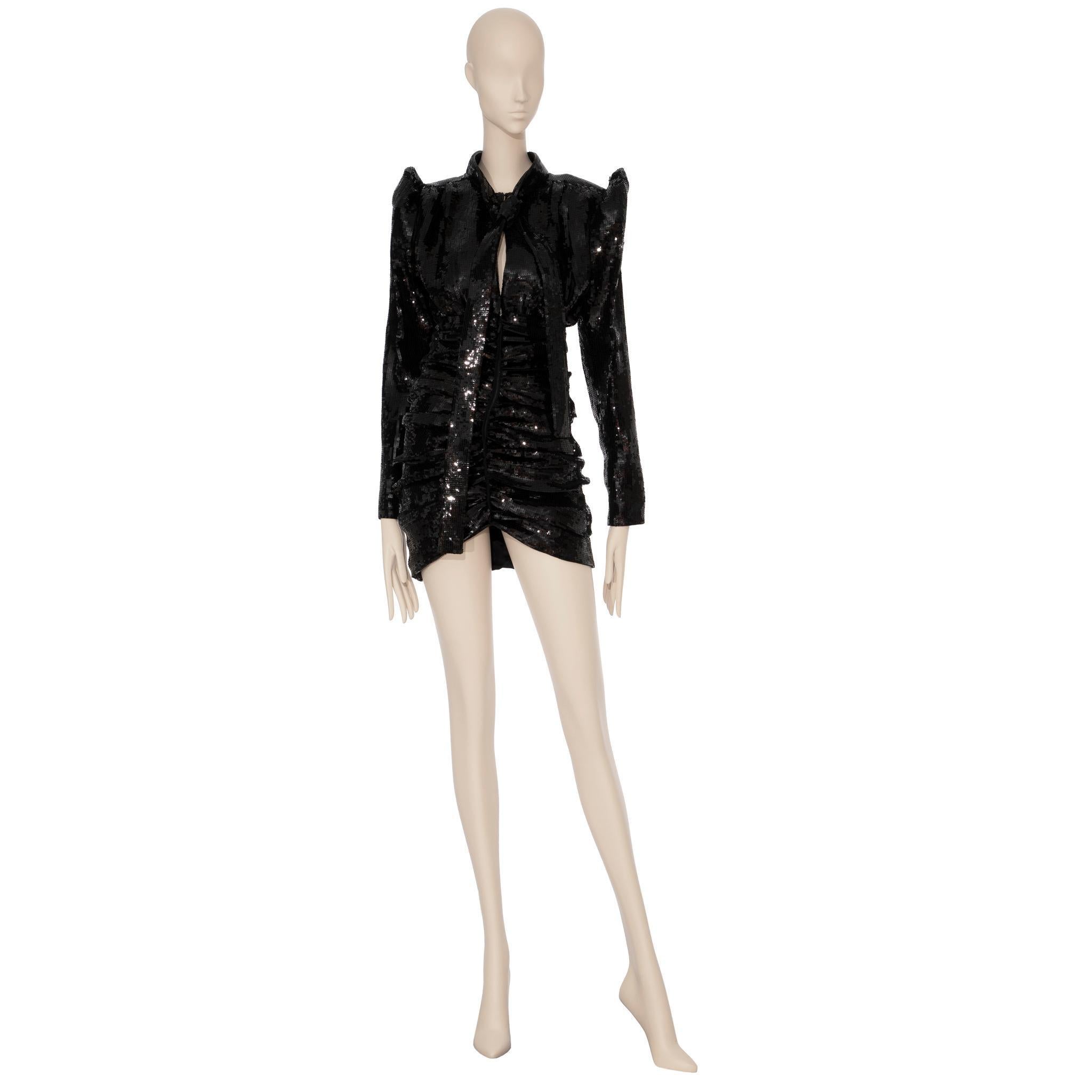 Noir Yves Saint Laurent Robe à manches longues en paillettes noires 38 Fr en vente