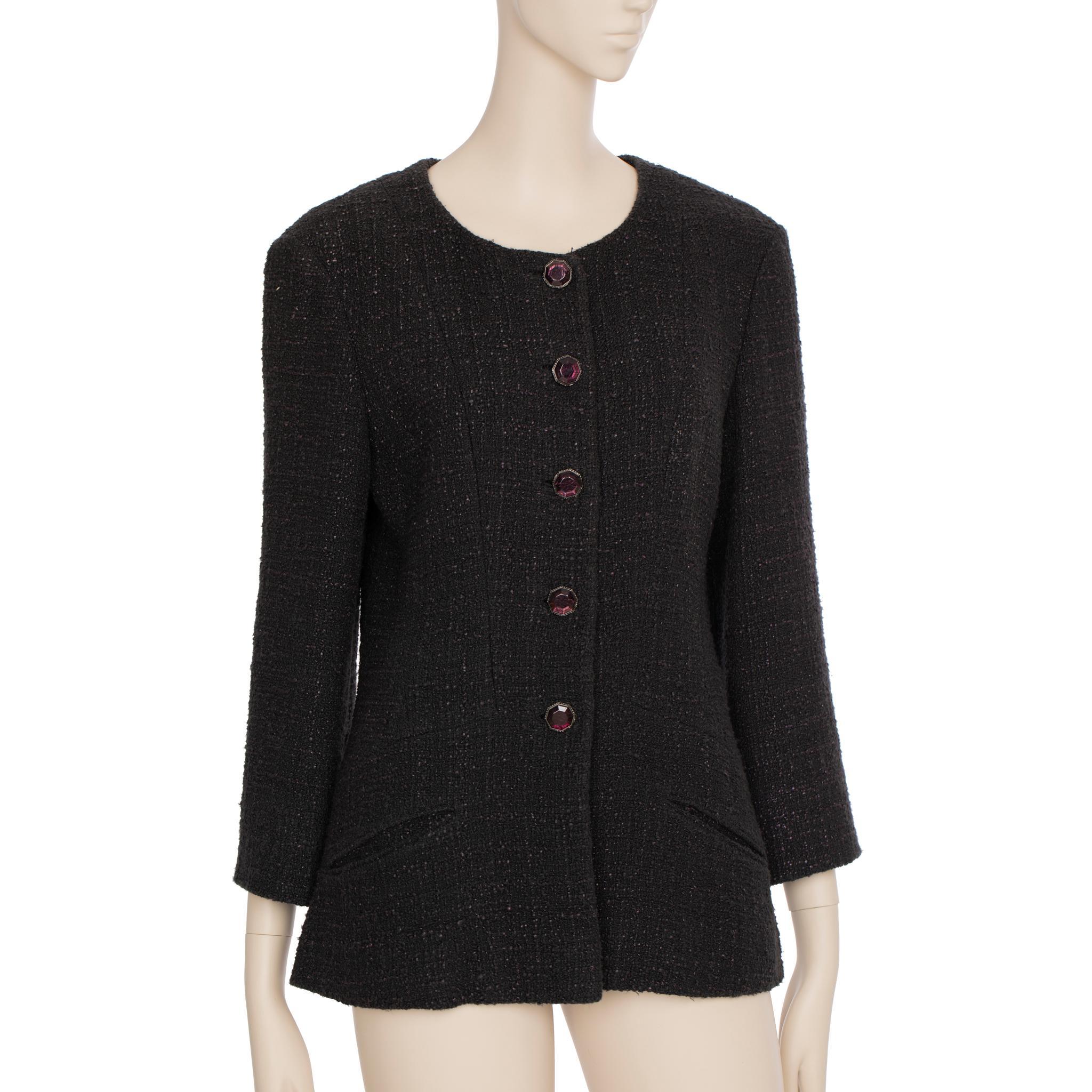 Noir Chanel Tweed Multi-button Crew Neck Jacket 40 FR en vente