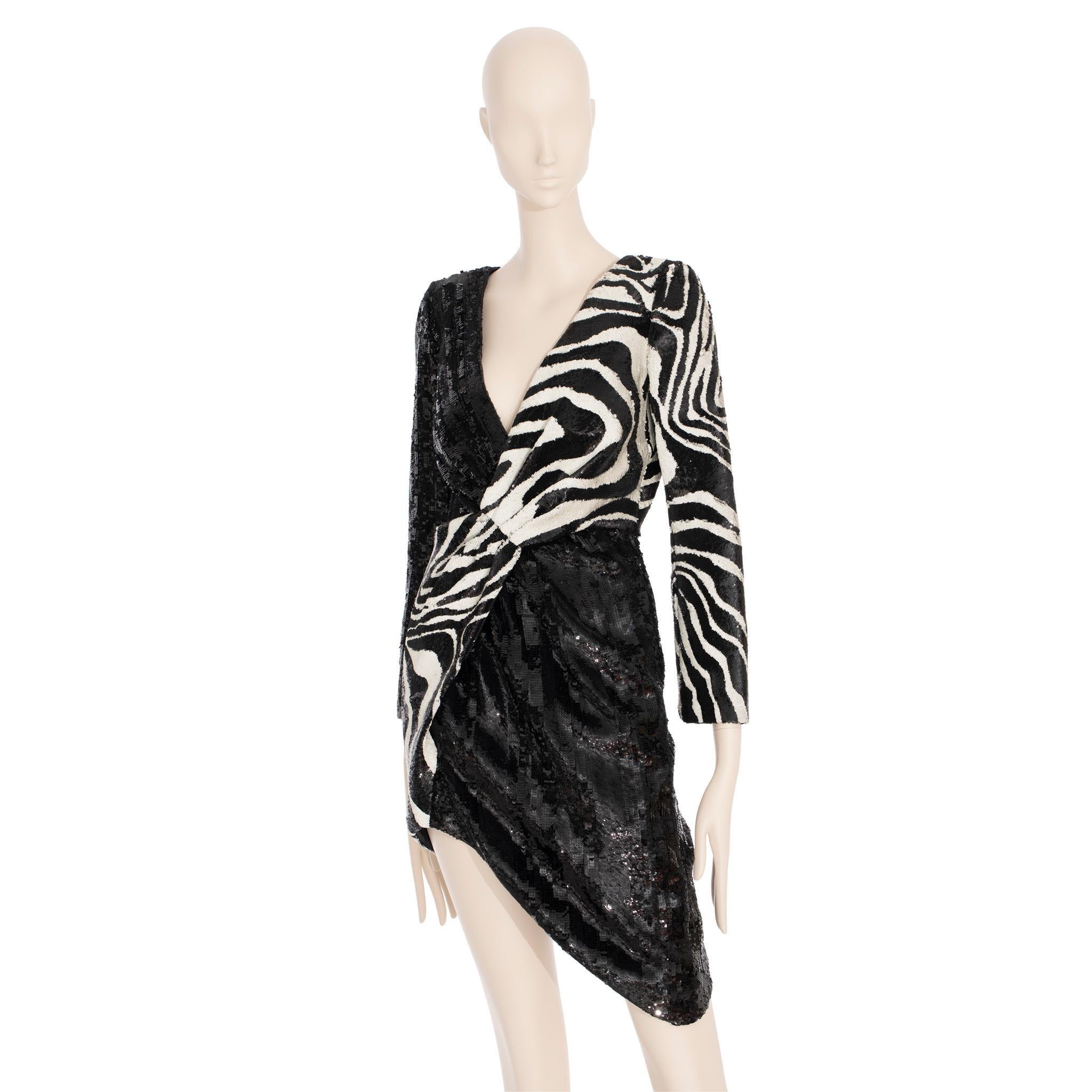 Noir Saint Laurent by Hedi Slimane Robe asymétrique à paillettes imprimées zèbre 36 FR en vente