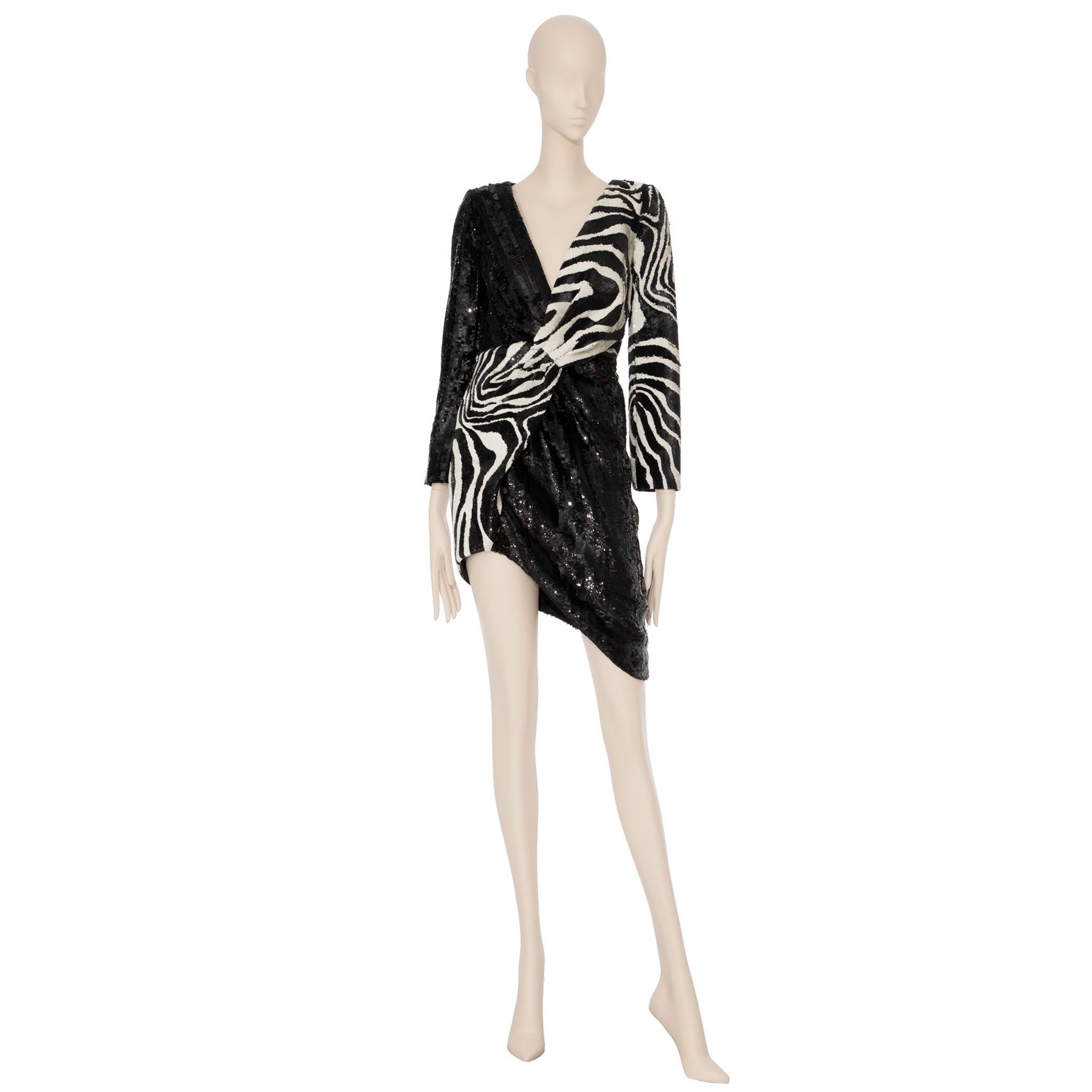 Saint Laurent by Hedi Slimane Robe asymétrique à paillettes imprimées zèbre 36 FR en vente 2
