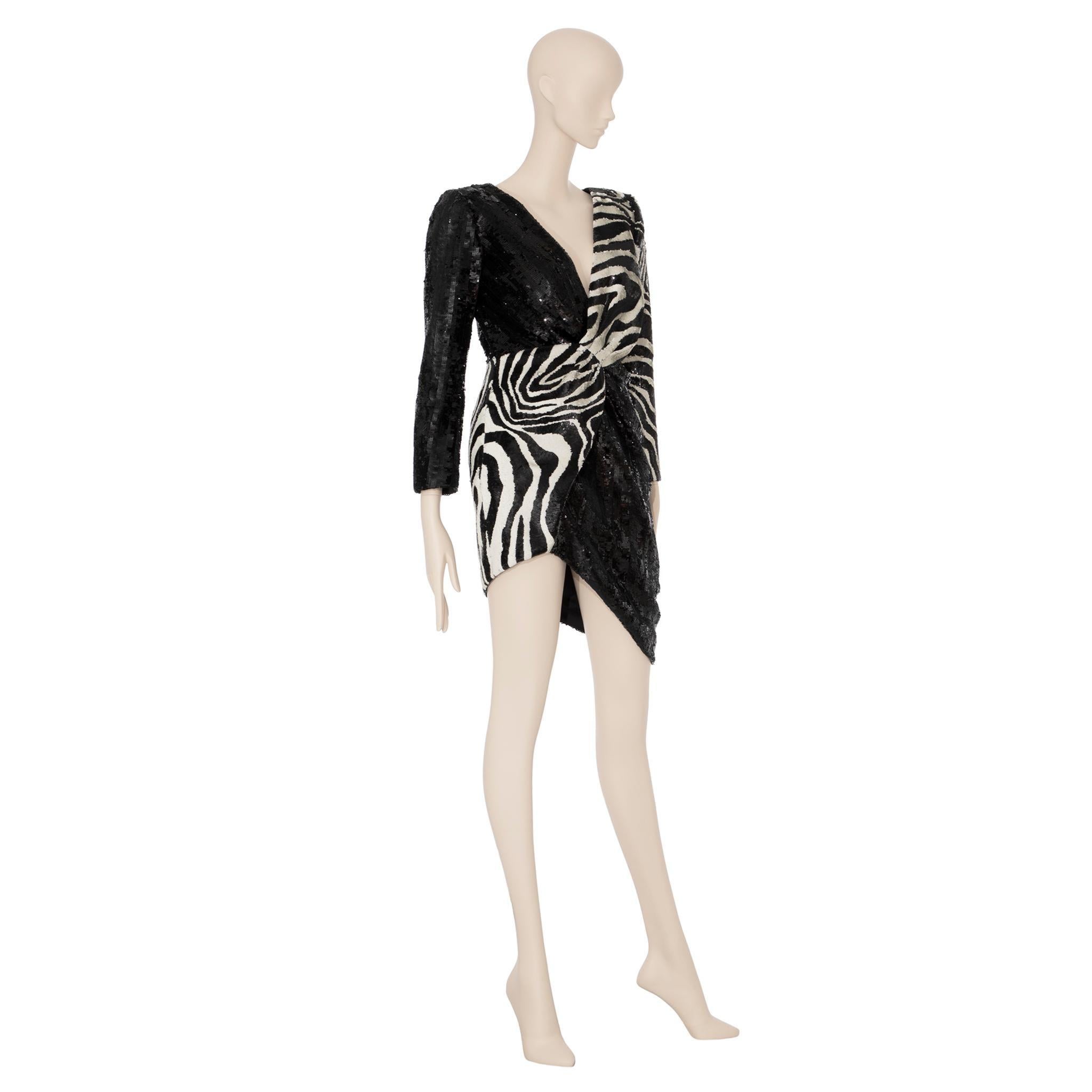 Saint Laurent by Hedi Slimane Robe asymétrique à paillettes imprimées zèbre 36 FR en vente 5
