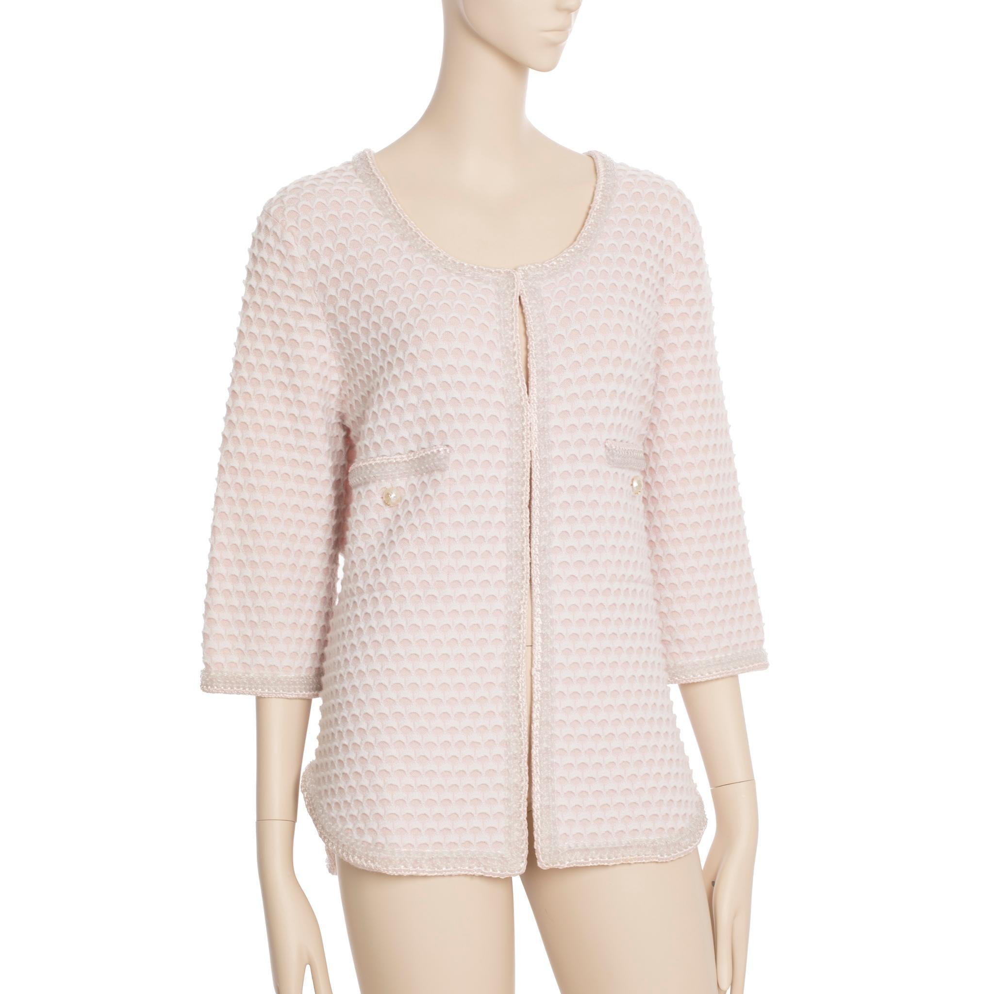 Chanel Cardigan en tweed de cachemire rose avec bande de taille 42 FR en vente 7