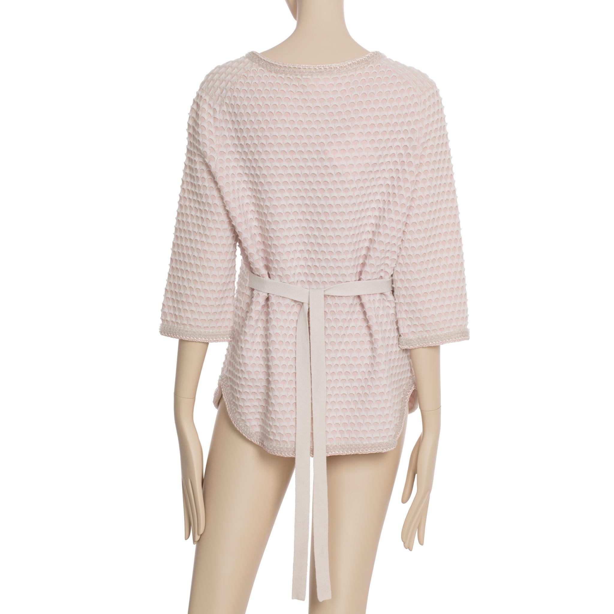 Chanel Cardigan en tweed de cachemire rose avec bande de taille 42 FR en vente 4