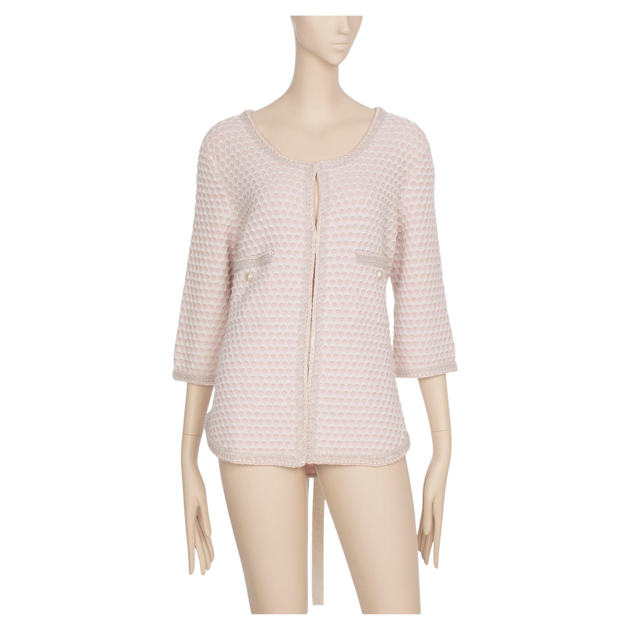 Chanel Cardigan in tweed di cashmere rosa con fascia in vita 42 FR