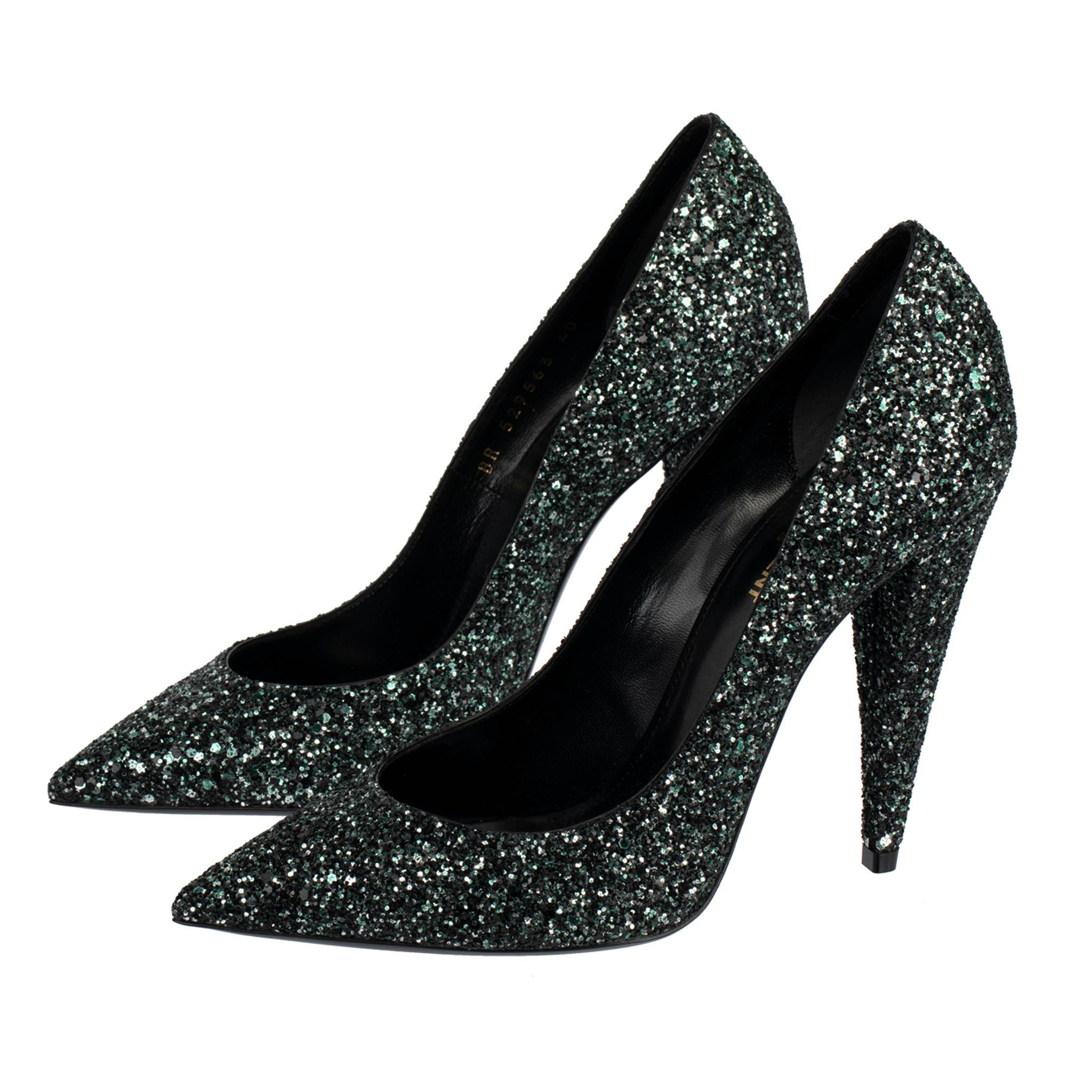Yves Saint Laurent - Escarpins à paillettes noirs et verts émeraudes, époque Decollete, 40 FR Neuf - En vente à Sydney, New South Wales