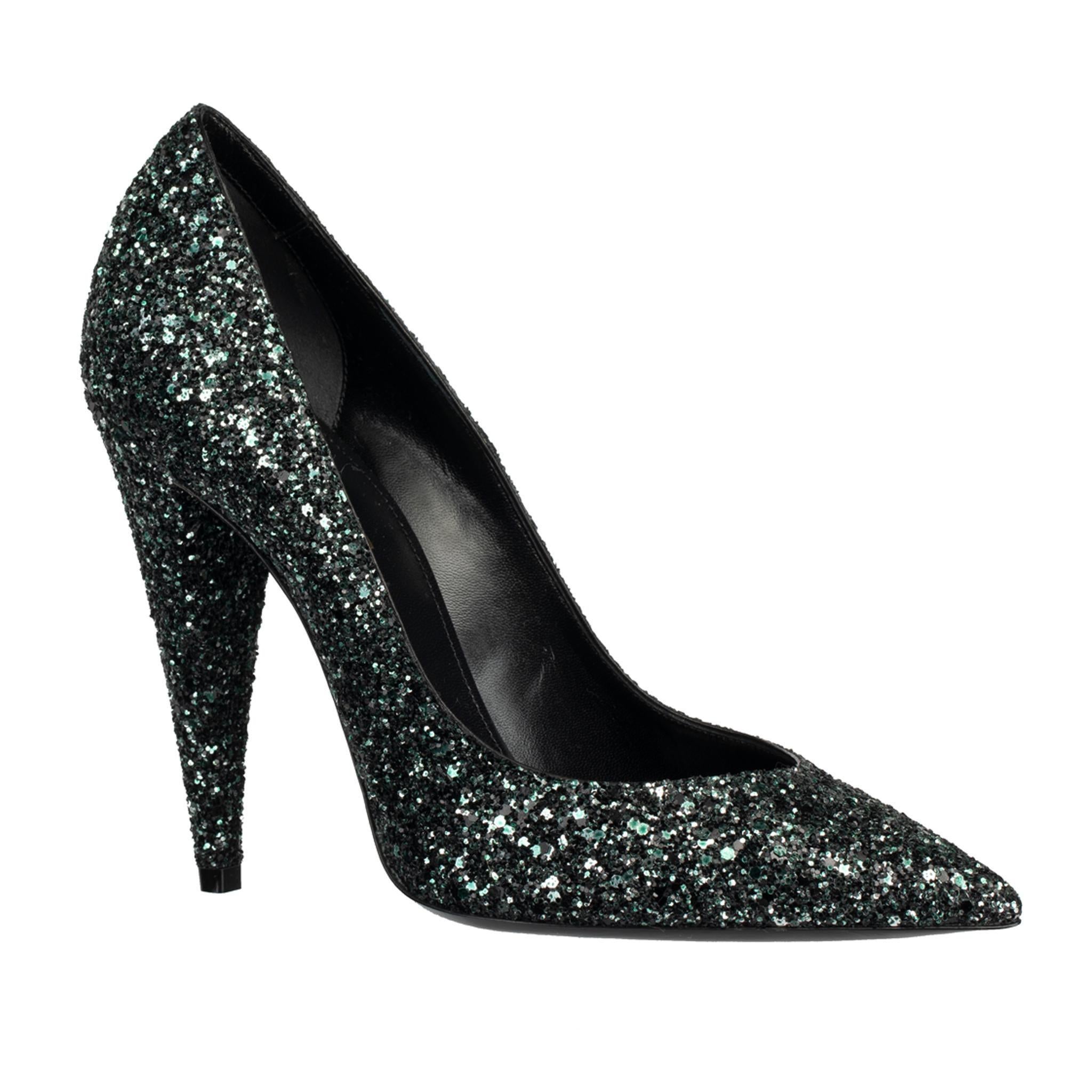 Yves Saint Laurent - Escarpins à paillettes noirs et verts émeraudes, époque Decollete, 40 FR en vente 1