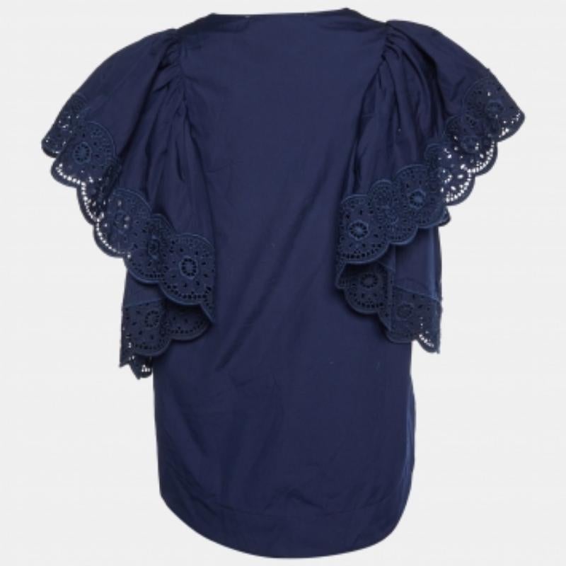 See By Chloe Top con mangas acampanadas y ribete de encaje de algodón azul S Negro en venta