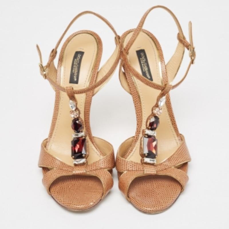 Dolce & Gabbana Brown Lizard Embossed Ankle Strap Sandals Size 38.5 en vente 1