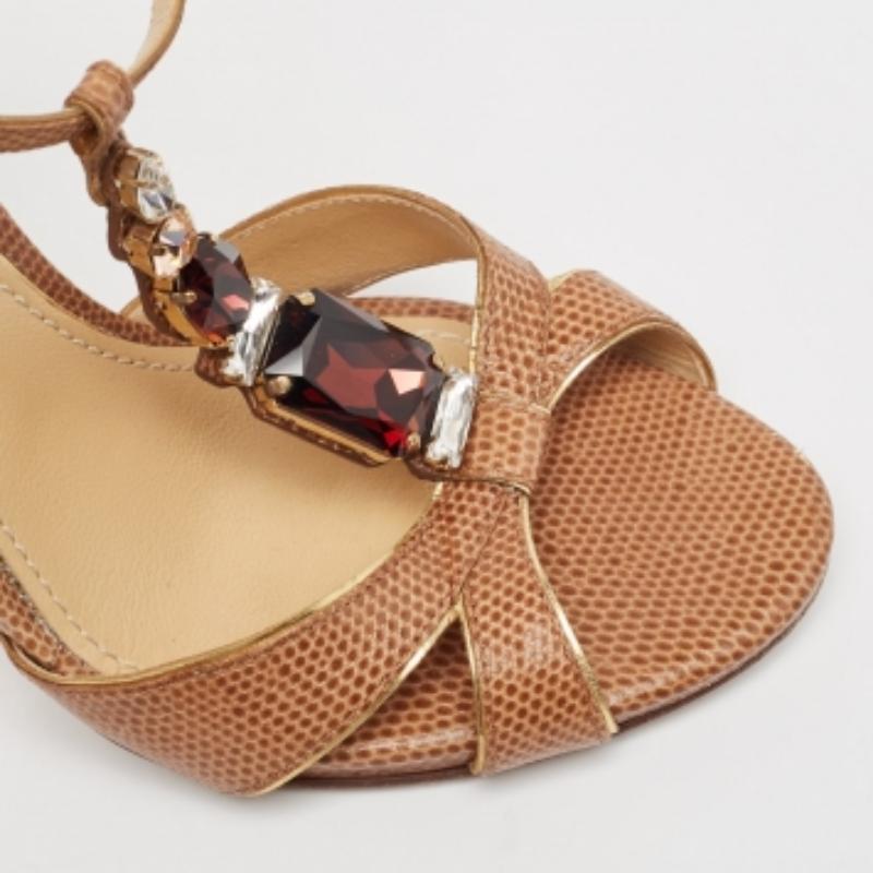 Dolce & Gabbana Brown Lizard Embossed Ankle Strap Sandals Size 38.5 en vente 4