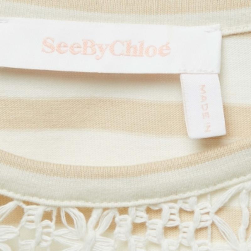 De las mujeres See By Chloe Camiseta de algodón a rayas con ribete de ganchillo beige XS en venta