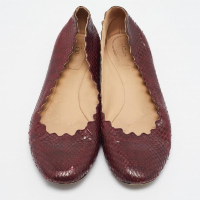 Chloe Burgundy Python Leather Lauren Scallop Ballet Flats Size 38 en vente 1