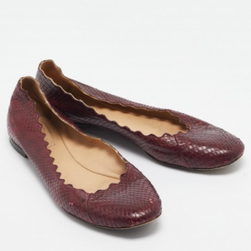 Chloe Burgundy Python Leather Lauren Scallop Ballet Flats Size 38 en vente 3