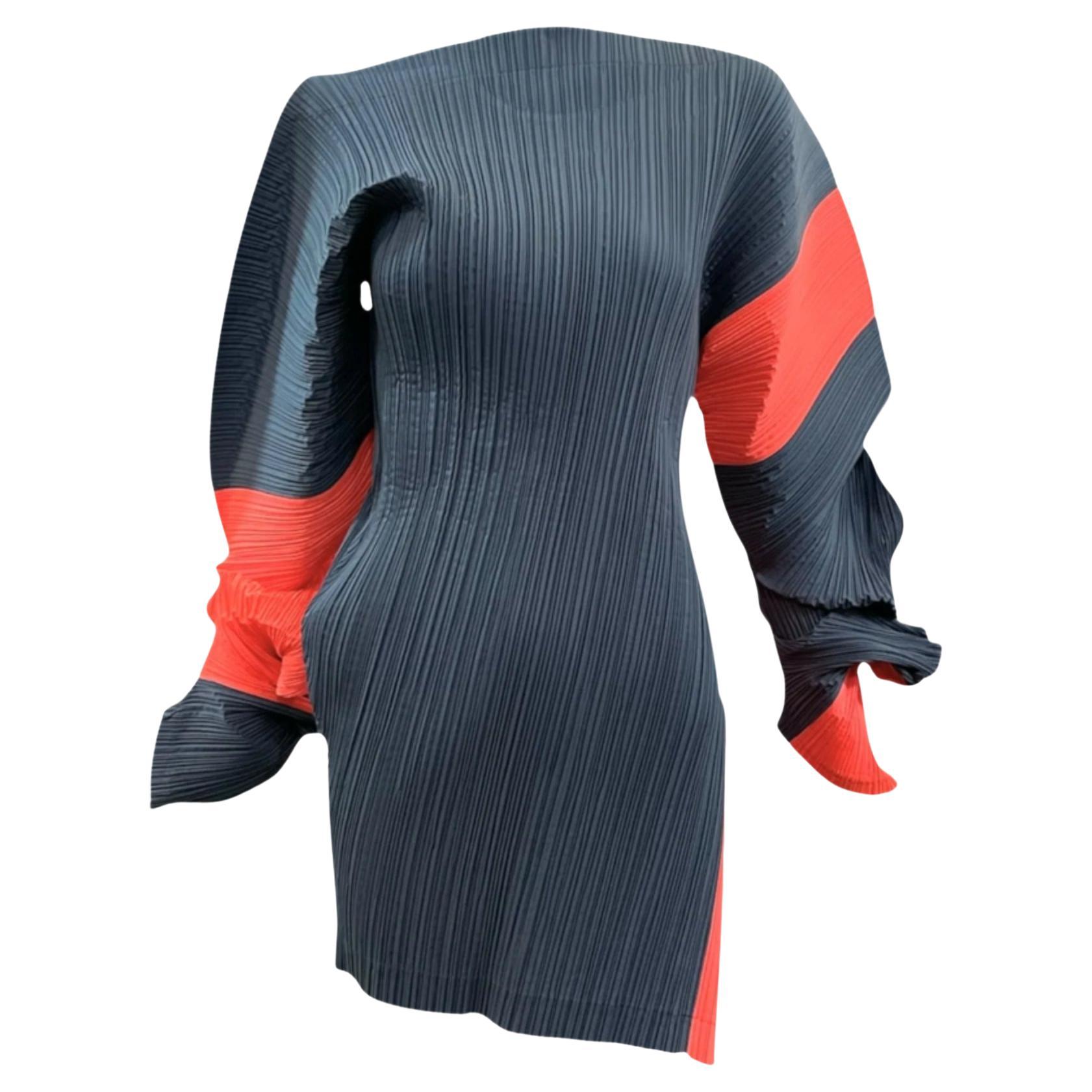 Issey Miyake S/S Grey and Orange Pleated Curved Sleeve Tunic Dress, 1991
