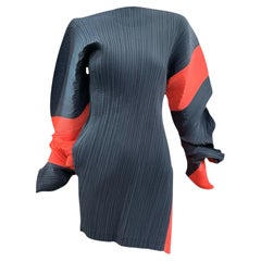 Issey Miyake S/S Grey and Orange Pleated Curved Sleeve Tunic Dress, 1991