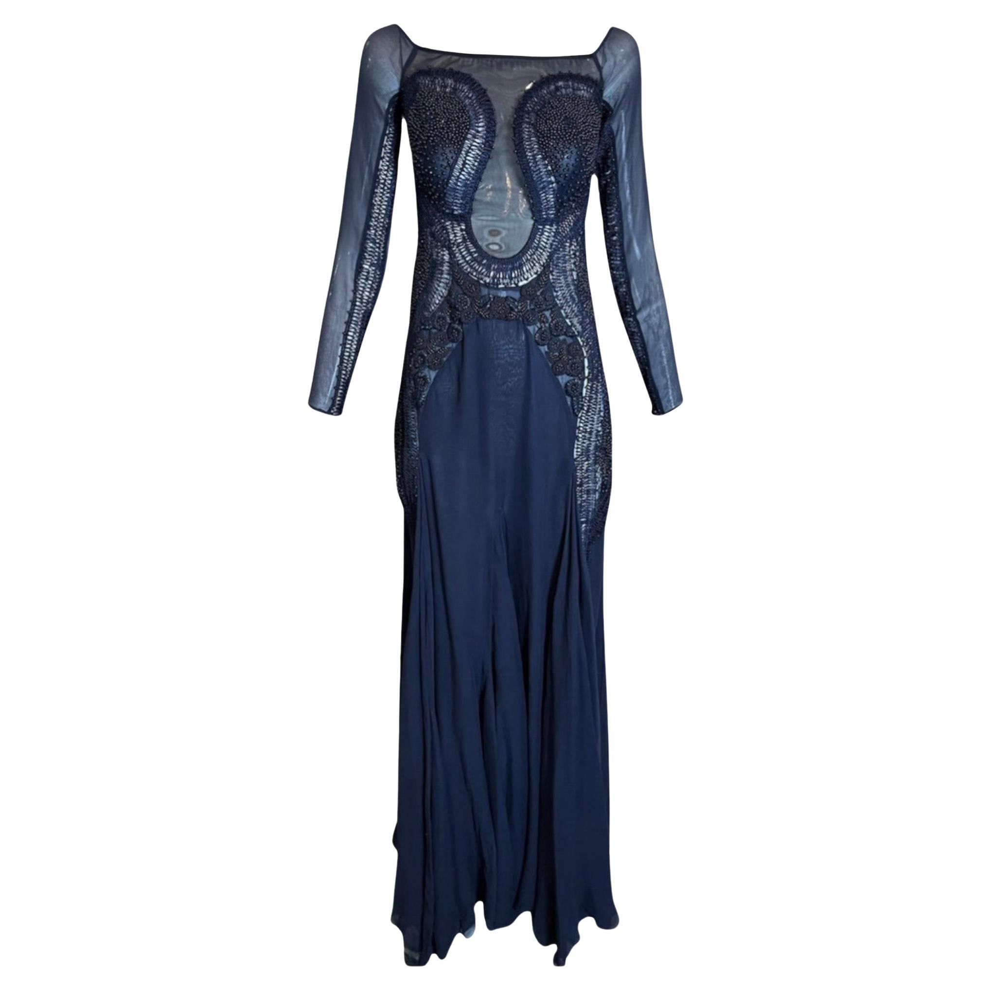 Roberto Cavalli Midnight Blue Mesh and Chiffon Gown, 2000s