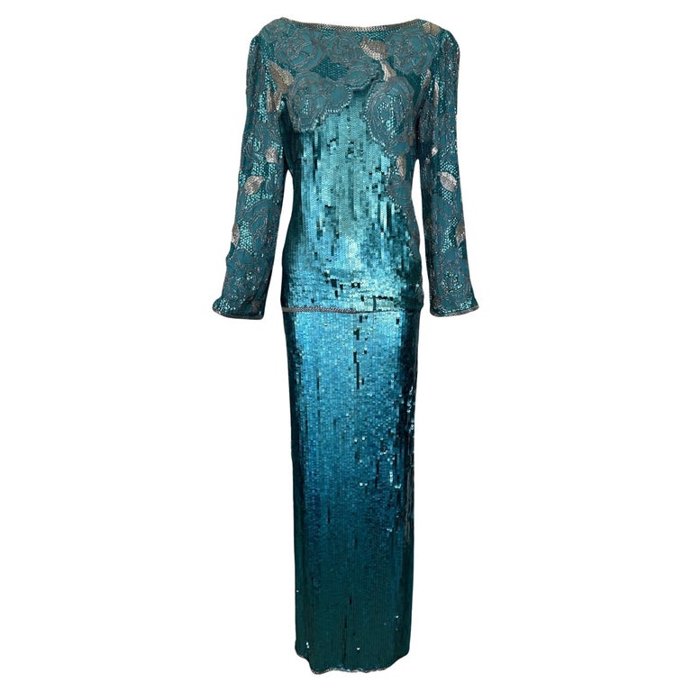 Halston Aqua Sequin and Beaded Ensemble, 1980s For Sale at 1stDibs