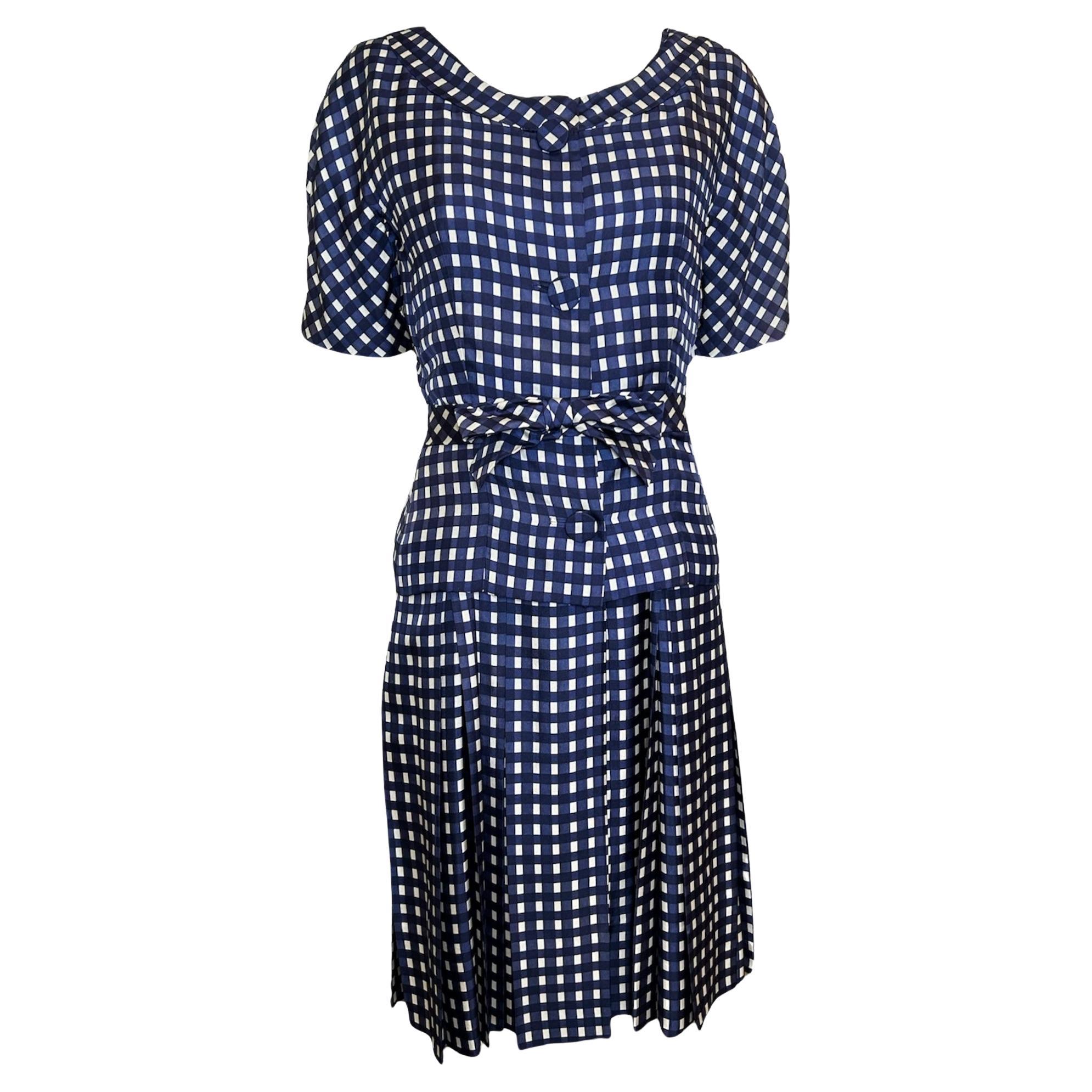 Jean Patou Haute Couture 1950's Blue Gingham Print Silk Satin Dress and Jacket