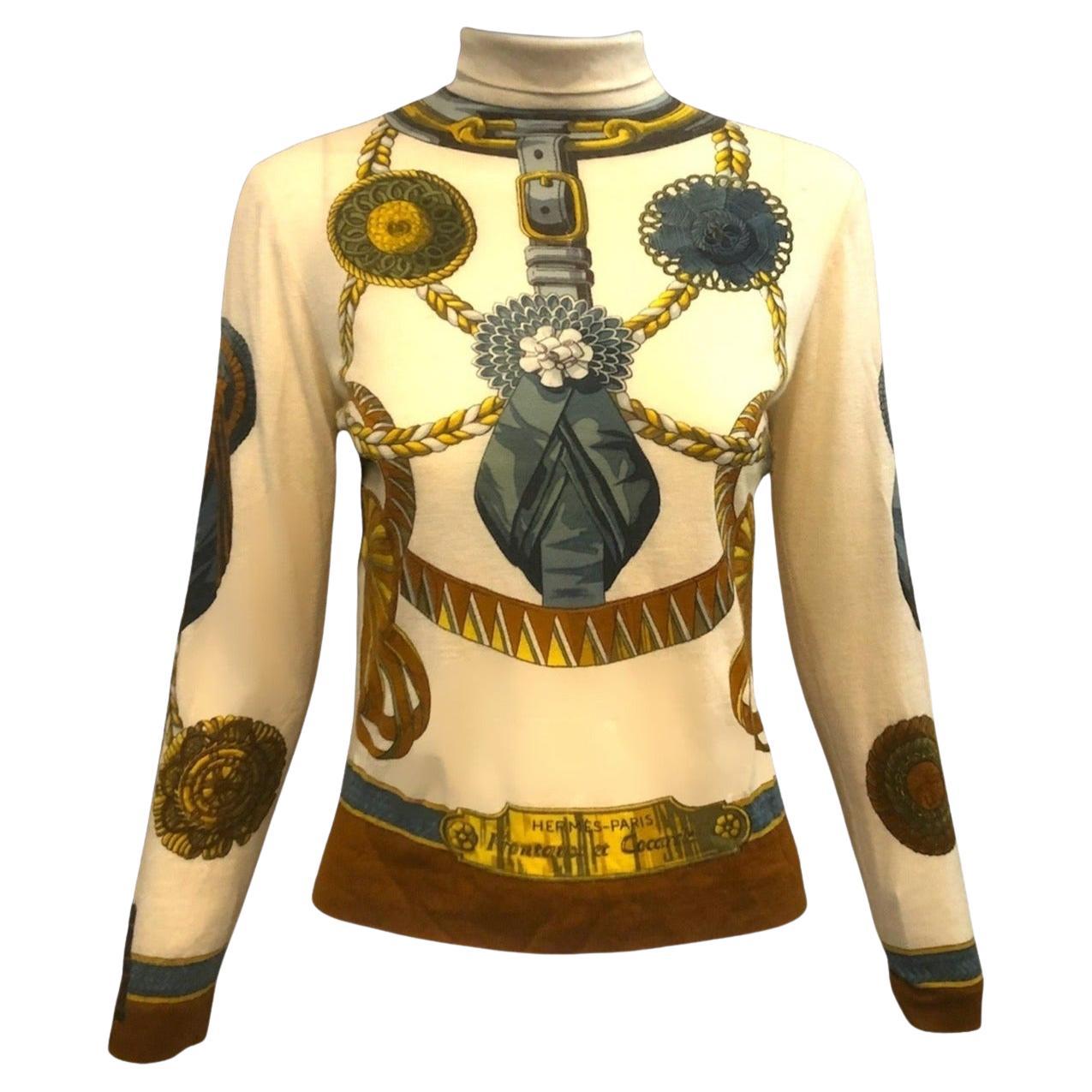 Hermes Sport Cashmere Equestrian Print Turtleneck Top, 1960s