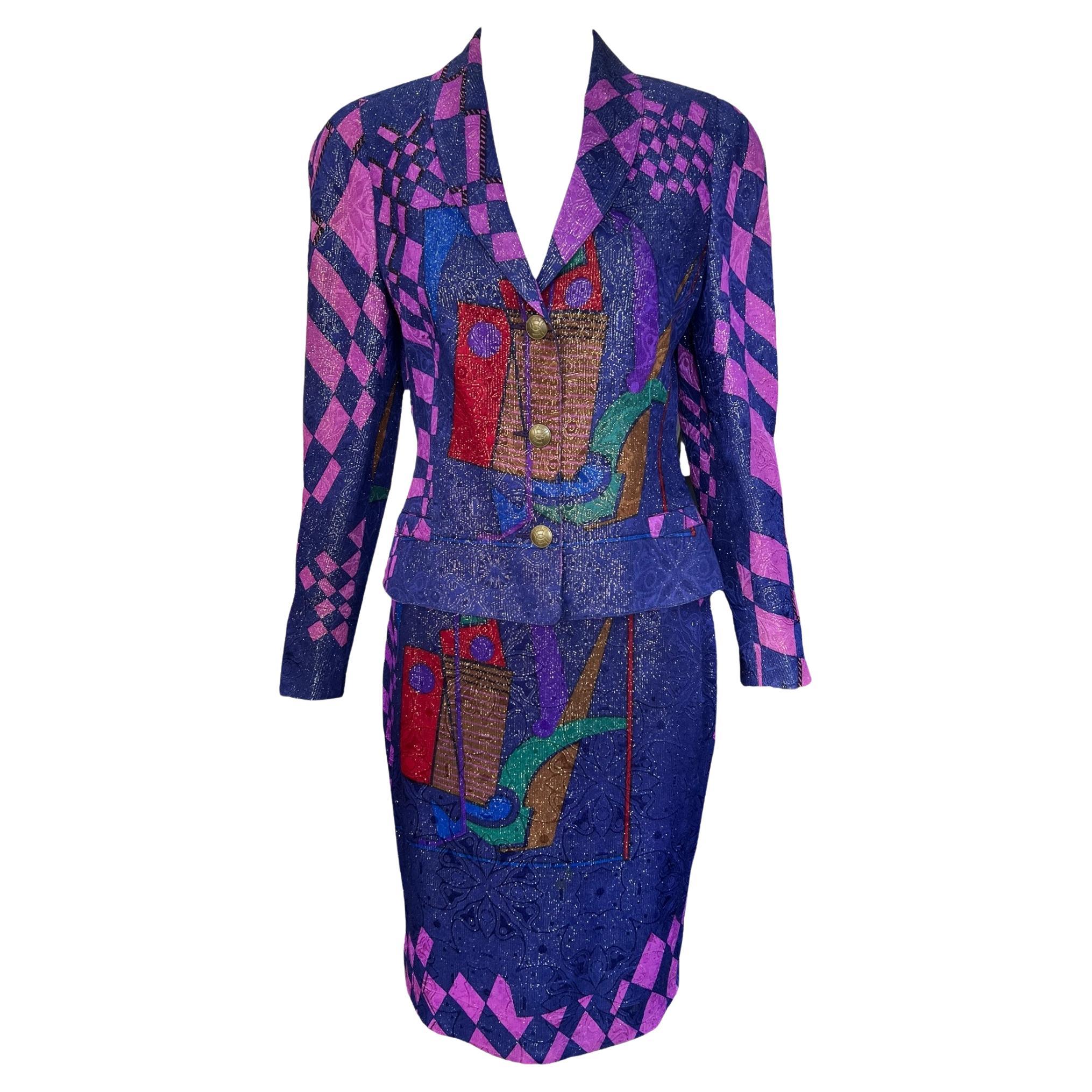 VERSUS by Gianni Versace 1990's Purple Abstract Print Lurex Skirt Suit