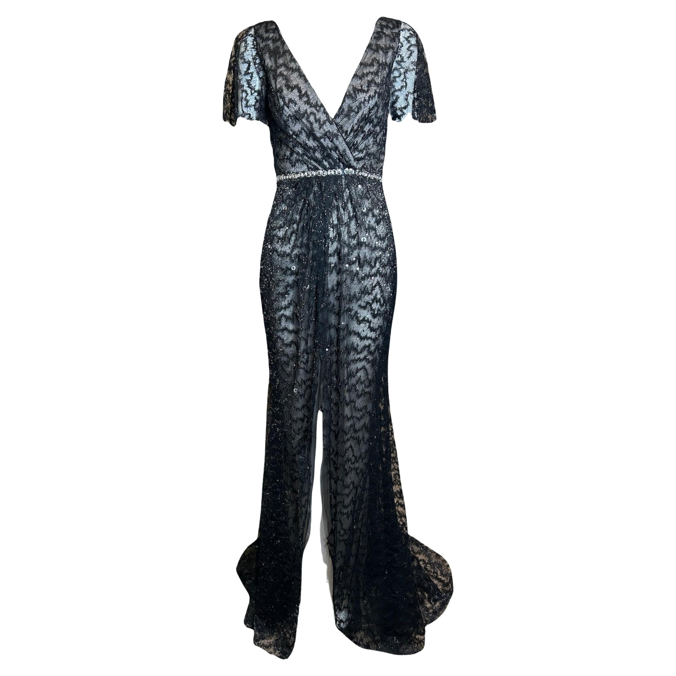 Lorena Sarbu Black Metallic Lace Flutter Sleeve Gown For Sale
