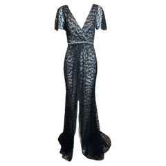 Lorena Sarbu Black Metallic Lace Flutter Sleeve Gown