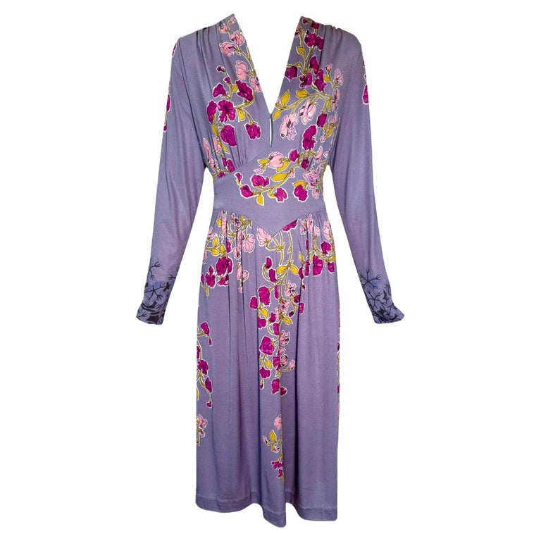 Mac Tac Lavender Floral Print Jersey Knit Tie Dress, 1970s