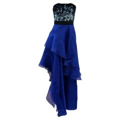 J Mendel Contemporary Blue Organza Strapless Gown with Sequin Top