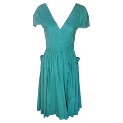 Bonnie Cashin Teal Blue Ditsy Floral Grid Print Wrap Dress, 1940s