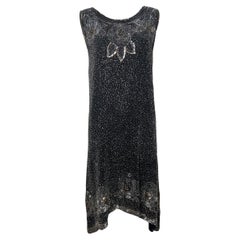 Authentic Gold, Silver Cotton Beaded and Sequined Black Shift Dress, 1920s
