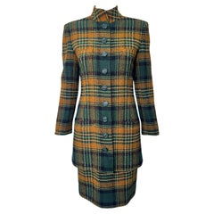 Emanuel Ungaro Green and Yellow Plaid High Collar Skirt Suit., 1990s