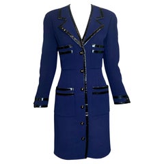 Chanel F/W Tailored Navy Blue Coat with Patent Leather Trim, 1991