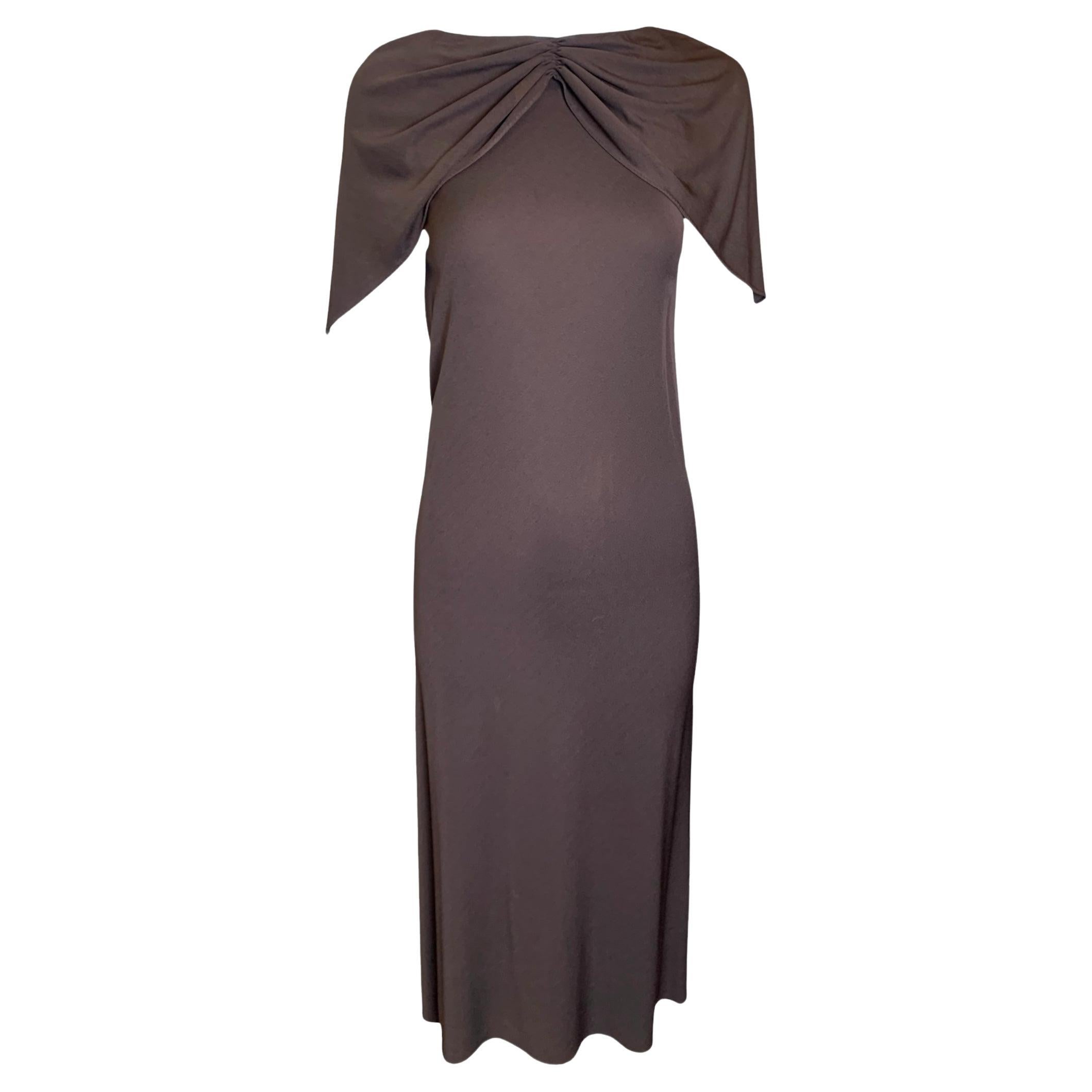 Pre-owned Halston Brown Matte Jersey Flutter Capelet Dress, 1970s