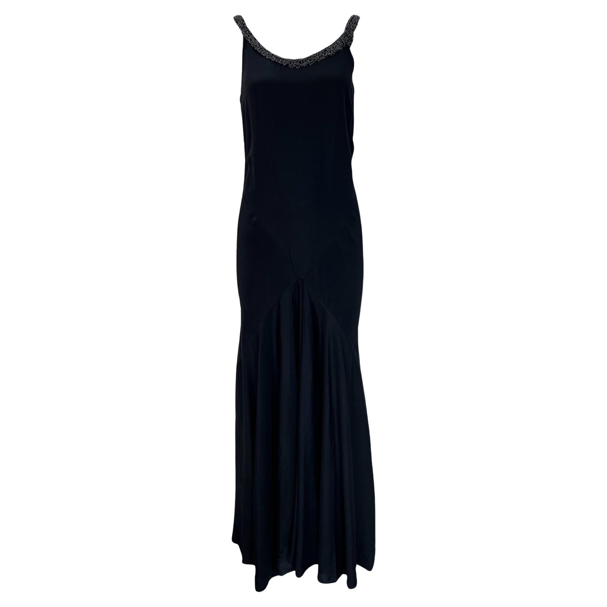 Black Silk Bias Gown with Beading and Flower Appliqué, 1930s For Sale