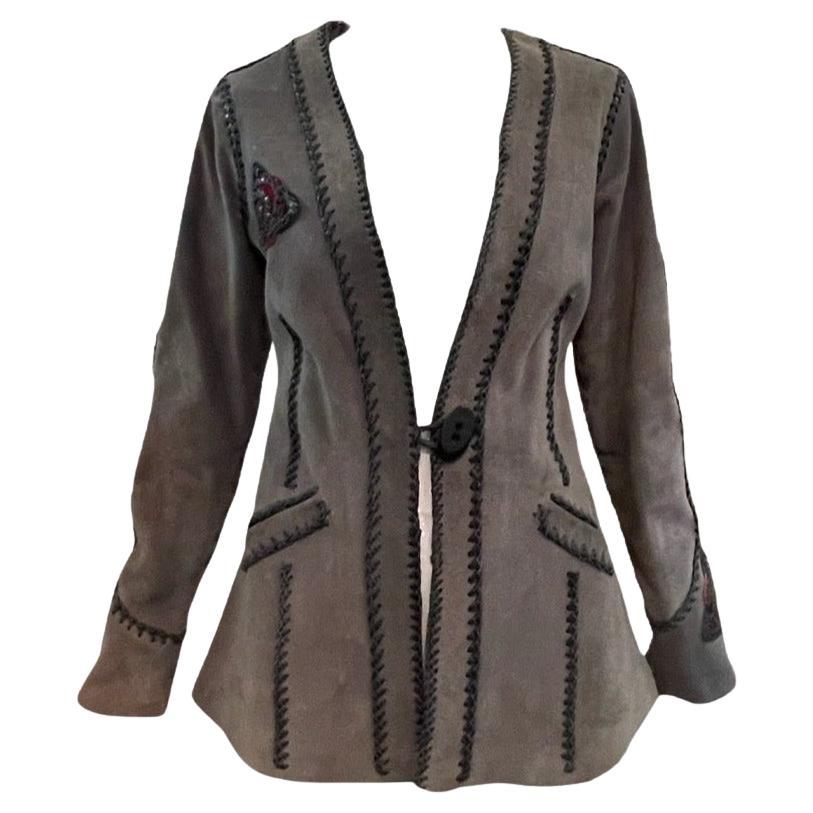 Grey Suede Whip Stitch Jacket with Rose Medallion, 1970s For Sale