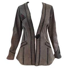 Grey Suede Whip Stitch Jacket with Rose Medallion, 1970s