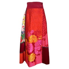 KENZO Silk Japanese Kimono Inspired Red Floral Patchwork Maxi Skirt, 2000s
