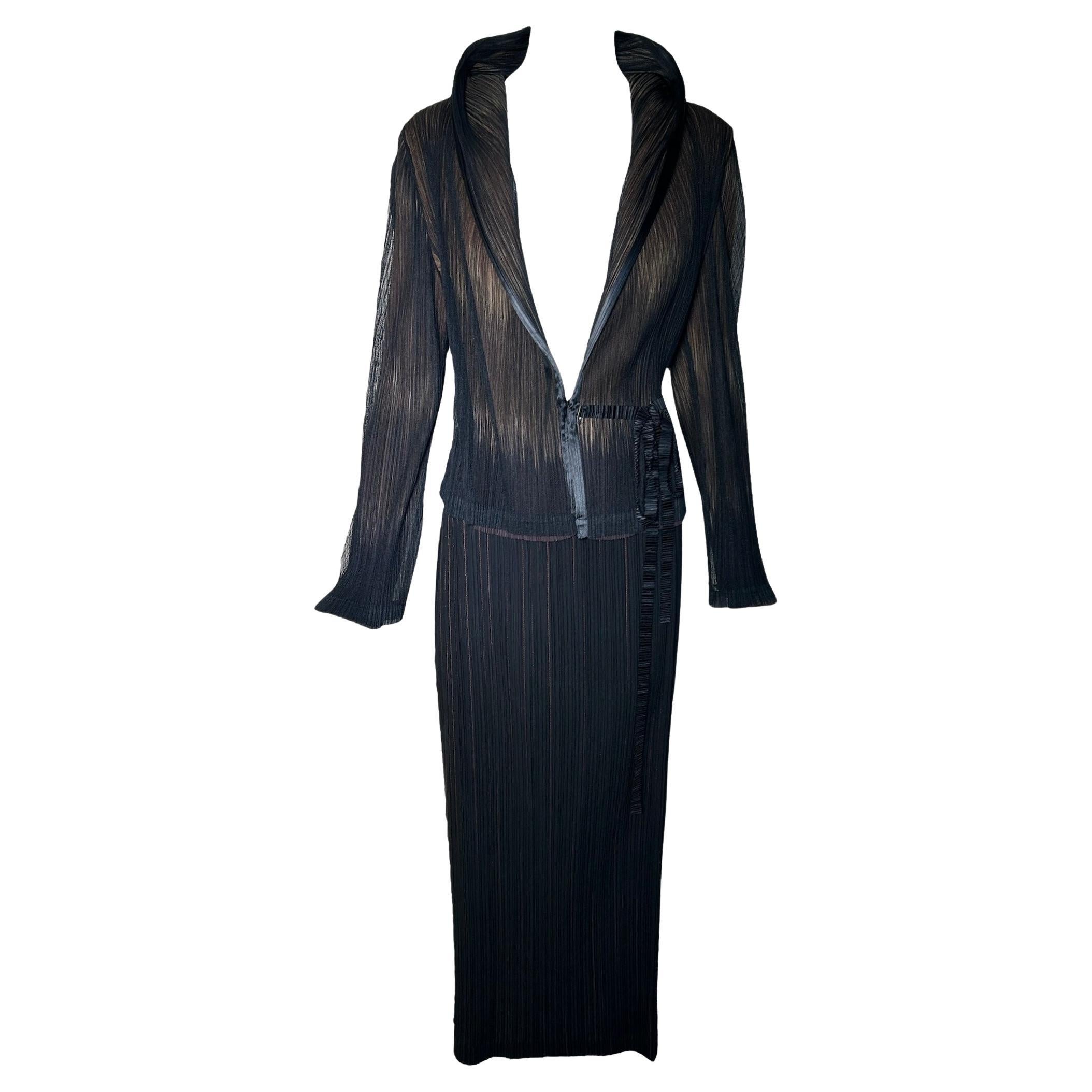 Issey Miyake Micro Pleated Black & Tan Jacket + Skirt Ensemble, 1990s