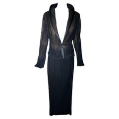 Issey Miyake Micro Pleated Black & Tan Jacket + Skirt Ensemble, 1990s