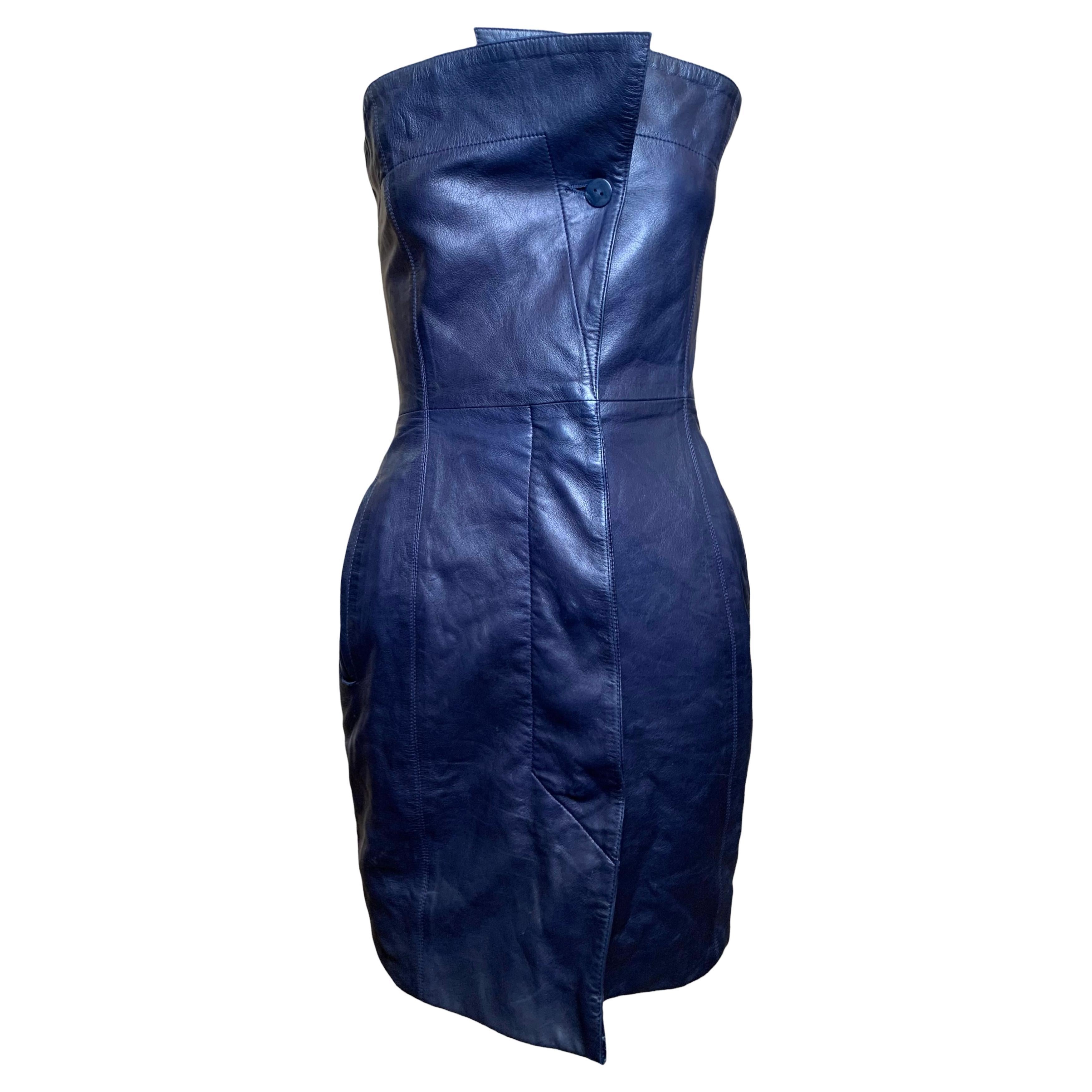 Claude Montana Rare Late Lambskin Leather Strapless Mini Dress, 1970s