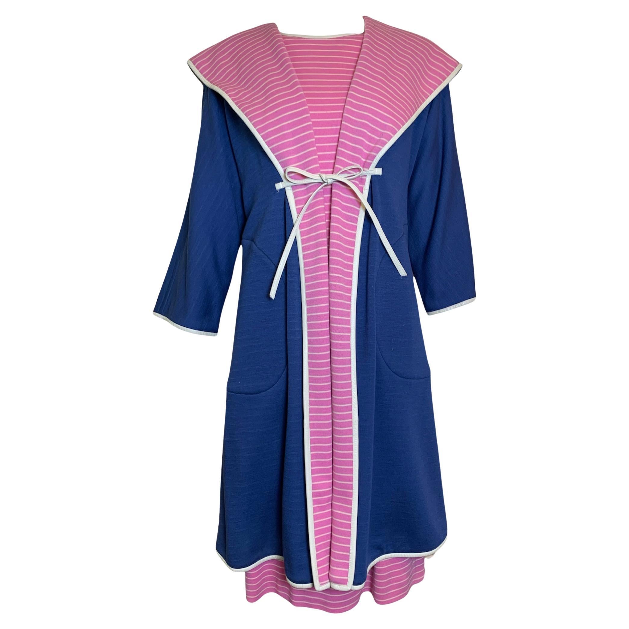 Bonnie Cashin for Sills Blue and Pink Striped Coat & Dress Ensemble, 1960s For Sale