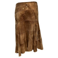 Roberto Cavalli Y2K Brown Suede Patchwork Skirt withLion Stencil, New/Old